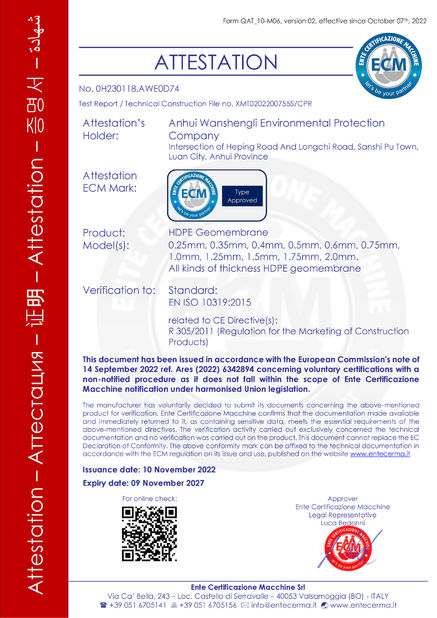 CHINA Anhui Wanshengli Environmental Protection Co., Ltd Certificações