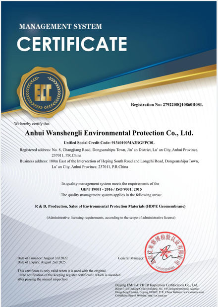 China Anhui Wanshengli Environmental Protection Co., Ltd Certificações